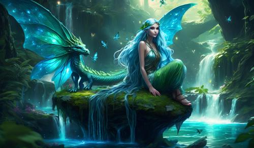 ethereal hr hd 8k of a beautiful  fairy with long wavy blue hair and green eyes, beautiful perfect  mature body,  beautiful elaborate finely detailed wings, sheer clothing, sandals that tie up to the knee, sitting on a mushroom, with her pet dragon, bioluminescence waterfall in the background and dragon flies, no extra limbs, must be in the frame, no deformities, not ugly