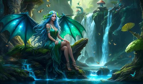 ethereal hr hd 8k of a beautiful  fairy with long wavy blue hair and green eyes, beautiful perfect  mature body,  beautiful elaborate finely detailed wings, sheer clothing, sandals that tie up to the knee, sitting on a mushroom, with her pet dragon, bioluminescence waterfall in the background and dragon flies, no extra limbs, must be in the frame, no deformities, not ugly