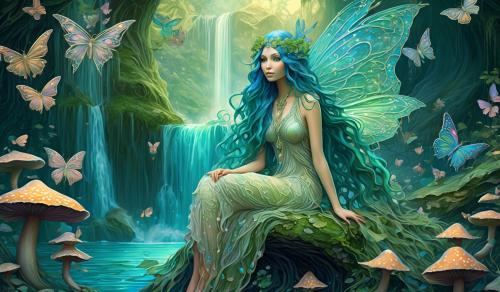 surreal beautiful fairy with long wavy blue hair and green eye, beautiful long elaborate lace-like wings, and sheer clothing, sitting on a mushroom by a bioluminescence pastel colored waterfall, sitting by her pet dragon and beautiful butterflies in the background mystical art nouveau high relief