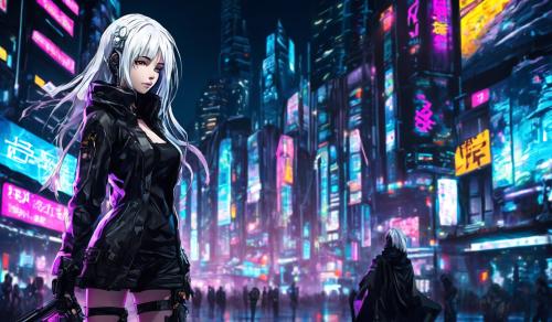 Cyberpunk Girl, White Hair, Black Cloth