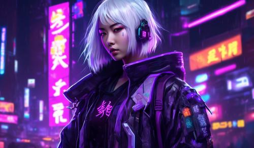 Cyberpunk Girl, Japanese, White Hair, Neon Sword, Purple