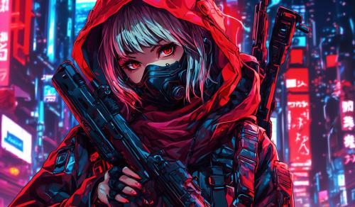 Cyberpunk Girl, Sniper, Japanese, Mask, Red