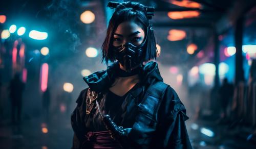 Cyberpunk Girl, Japanese, Sword, Mask, Smoke, Dark, Fight