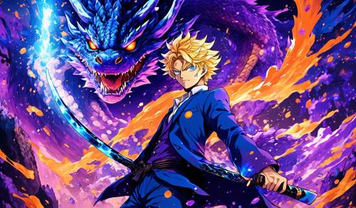 a man with blond and curly hair, with a blue suit, an electric katana in his hands, blue and orange particles all around the character, the man is in the center of the screen, landscape, behind the man a purple and black dragon, One Piece style