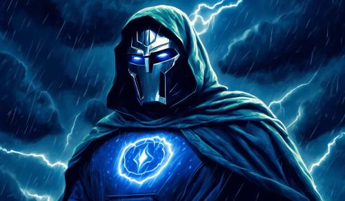 Doctor Doom with a dark blue thunderstorm background