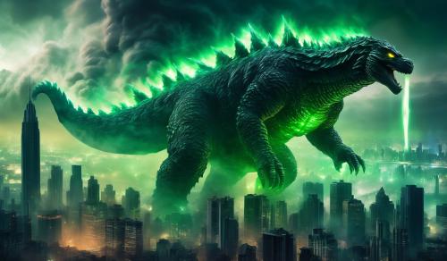 Godzilla with glowing green eyes in a smoked out city