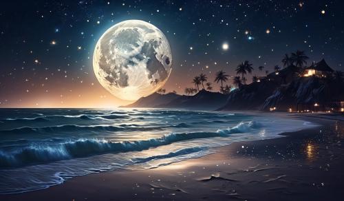 Beach at night with a huge moon and lots of stars