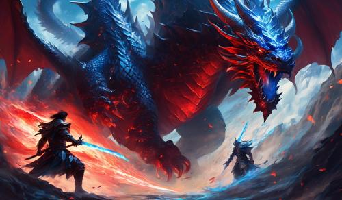 a man fully armored with a shield and a black katana fighting a giant red angry dragon with blue flam coming out