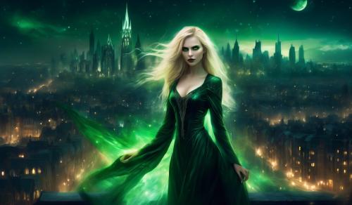 Very attractive female vampire with blonde hair with green eyes with city at night in the background