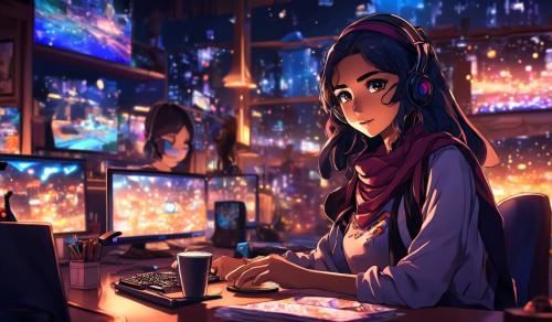 young arab girl at her ahesthetic desk while playing video games with her macha latte during the night