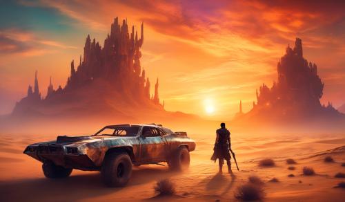 Mad Max in a desert wasteland with a beautiful sunset background 