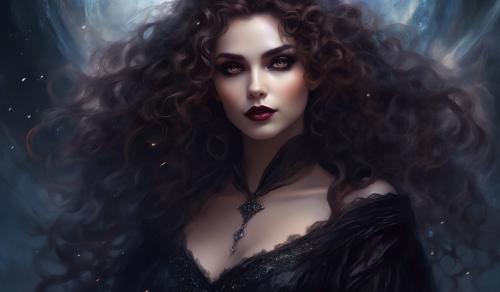 Beautiful curly brown haired female vampire with gothic clothes