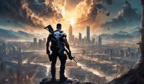 The Punisher holding a military rifle with a dangerous city in the background 