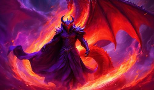 a devil with a cape on a red dragon and background is puple flame