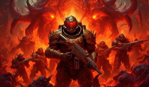 Doom Slayer equipped with a double barrel shotgun and surrounded by demons in hell