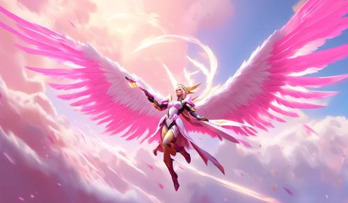 Overwatch pink mercy flying in the sky With beautiful long white wings