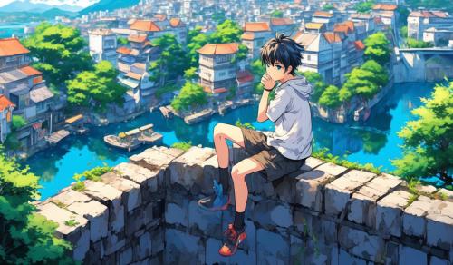 an anime boy sitting on a wall overlocking a scenery