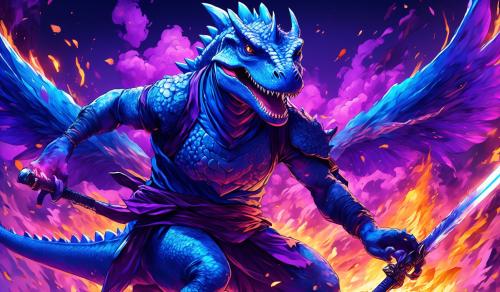 Blue dinosaur with purple and blue wings with a ninja mask on holding a ninja sword holding a sword that’s on fire