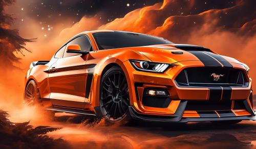 Orange Mustang GT350 with black accent and big spoiler and front lip