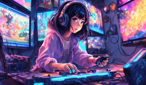 black haired girl playing videogames pastel