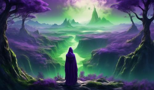 A mysterious character that looks at the world as their view, in purple and green colors