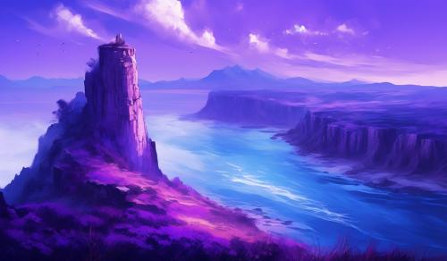 Blue and purple  with a cliff in the back