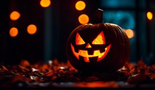 A jack o lantern at Halloween with glowing red eyes, with monster around it