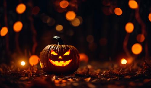 A jack o lantern at Halloween with glowing red eyes, with monster around it