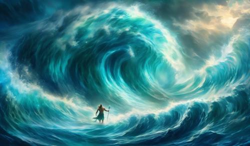 Poseidon with a tsunami background