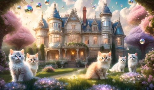 a large Victorian mansion made of mirror ball tiles in a beautiful English garden with a lot of fluffy kittens playing in the garden