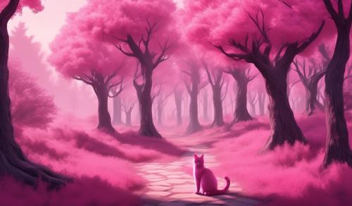 a pink cat between too trees