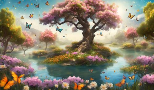 tree and river surrounded by flowers and butterflies