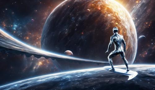 The Silver Surfer with an epic space background and planets