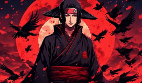 generate me a picture of itachi with the red moon behind him the crows circling around him and dressed in the Akatsuki uniform