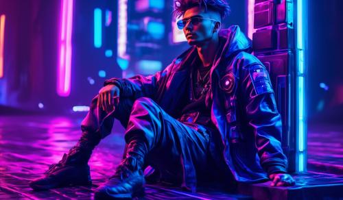 Wavy navy robed lean young man sitting, laid back graciously. The location is set in cyberpunk field 