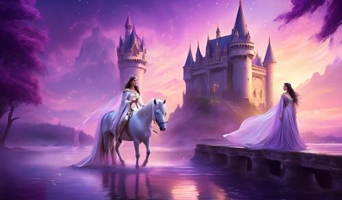 Big castle at purple sunset with a draw bridge and brunette lifelike princess in white cape and gown on a majestic unicorn