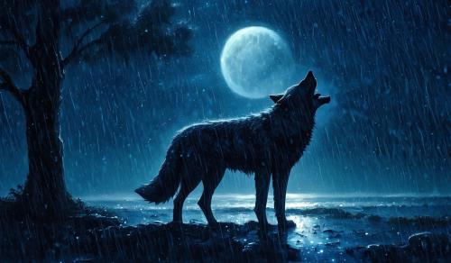 Wolf, night, rain, moon, 