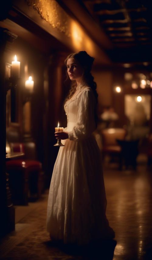 very lascivious beautiful bar girl from 1880 from Wales with a candle in her hand. She is a ghost. Waiting at the entrance of the Hotel California