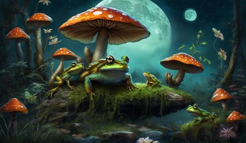 Dragon fly mushrooms frogs moon 