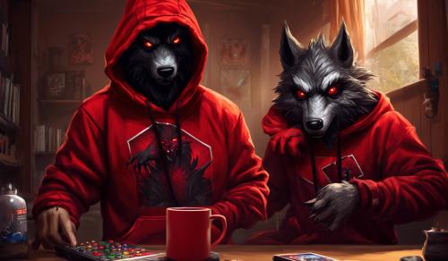 logo de un lobo negreo con sudadera roja bebiendo Monster jugando en una habitación gamer 