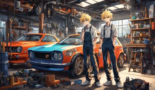 A 16-year-old, tall boy with blond hair, starts his new job in a cool car workshop. He likes it very much, it's his dream job.