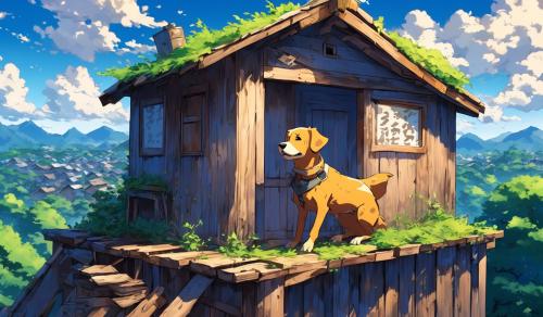 Dog on the roof of an outhouse