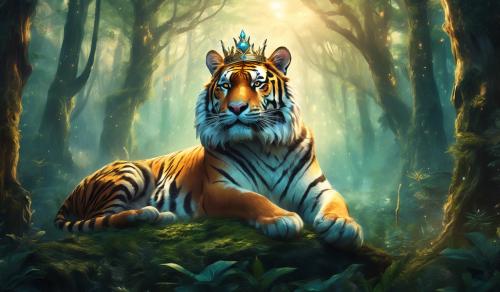 tiger wearing a crown in a forest