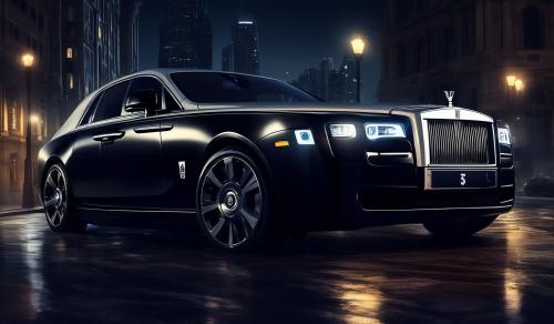 black rollsroyce in night with big building