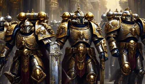 warhammer 40,000 space marines  in ornate chrome armor with gold accents carrying ornate swords