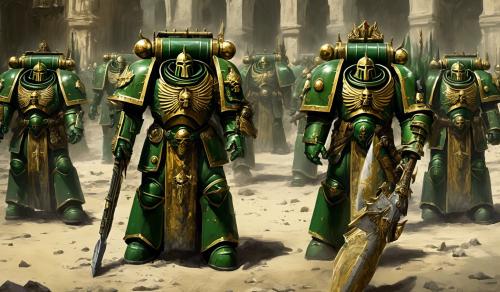 Warhammer 40,000 space marines in green custodes armor 