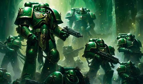 Warhammer 40,000 space marines in dark green armor