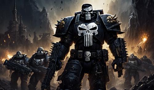 cross between punisher and Warhammer space marines in black armor