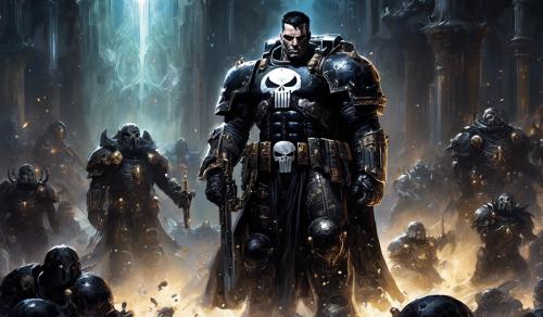 cross between marvel's punisher and Warhammer space marines in black armor