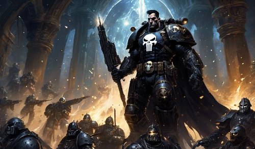 cross between marvel's punisher and Warhammer space marines in black armor